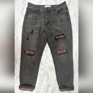 KanCan Size 13 Black Denim Jeans With Plaid Patches And Upturned Hem